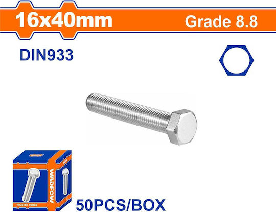 Wadfow Screw Hexagon Galvanized DIN 933 with Diameter M16 and Length 40mm 50pcs