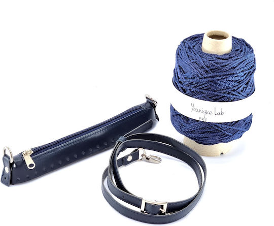 Knitted Bag Set Zipper 25 cm Crossbody Strap Yarn Blue Silver Metal Elements