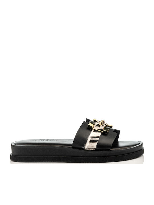 Leather Women's Flat Sandals Flatforms in Black Color