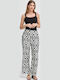 Women's Fabric Trousers with Elastic Loose Fit White, Black & White