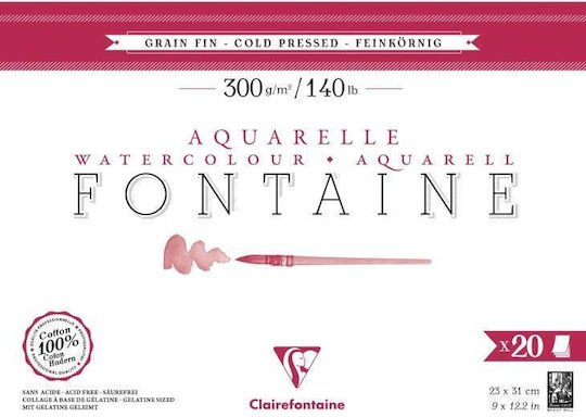 Clairefontaine Μπλοκ Ακουαρέλας Κολλητό Fontaine 20 Φύλλων 23x31cm Cold Pressed Λεπτόκοκκο 300gr 100% Βαμβάκι