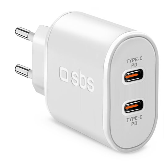 SBS Charger Without Cable with 2 USB-C Ports 20W Power Delivery Whites
