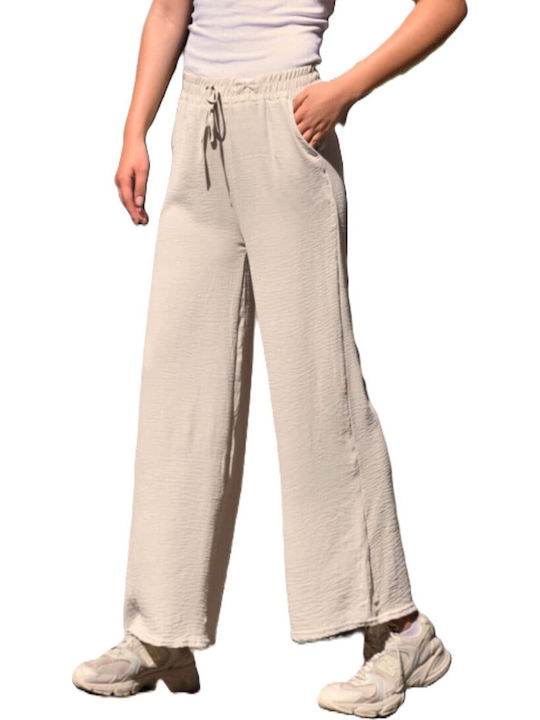 Women's High-waisted Fabric Trousers with Elastic in Loose Fit Beige