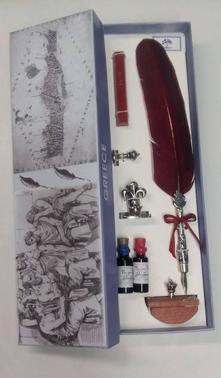 Calligraphy Pen with Feather Burgundy with Blue Ink
