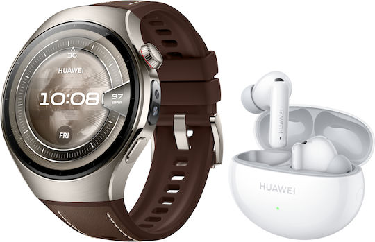 Huawei Watch 5 Stainless Steel 46mm Waterproof with eSIM and Heart Rate Monitor (Dark Brown + Huawei FreeBuds 6i White)