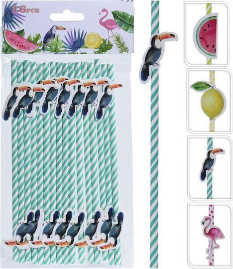 Paper Straws Set/16 Tropic 20cm Flamingo Parrot Toucan Watermelon Lemon