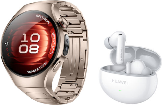 Huawei Watch 5 Stainless Steel 42mm Waterproof with eSIM and Heart Rate Monitor (Sand Gold Titanium + Huawei FreeBuds 6i White)
