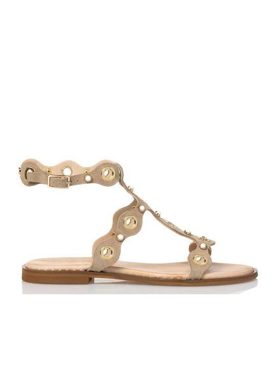 Sante Leather Women's Flat Sandals in Beige Color