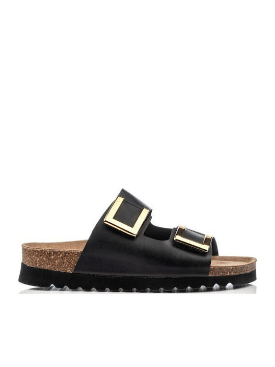 Leather Women's Flat Sandals in Black Color