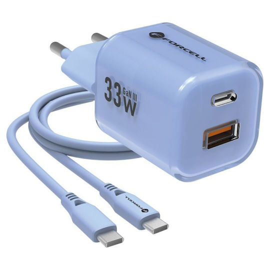 Forcell Charger GaN with USB-A Port and USB-C Port and Cable USB-C - USB-C 33W Power Delivery / Quick Charge 4.0 Blue (F-Energy VT-41)