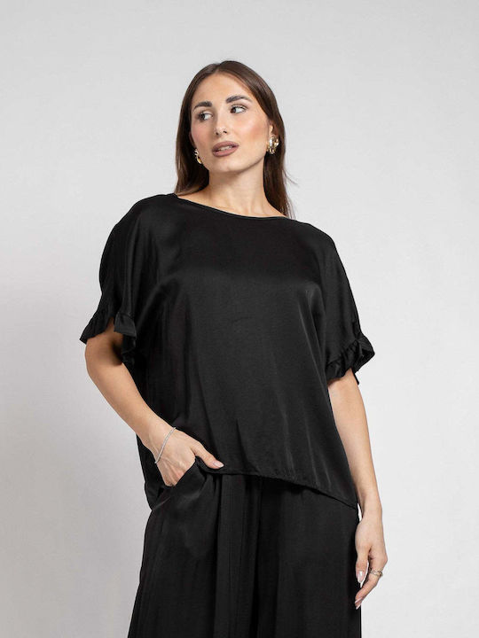 Bluze damă Satin Mâneci scurte Negru
