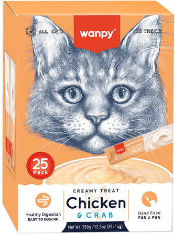 Wanpy Кремообразно лакомство за котки с пиле и раци 350g 25x14g