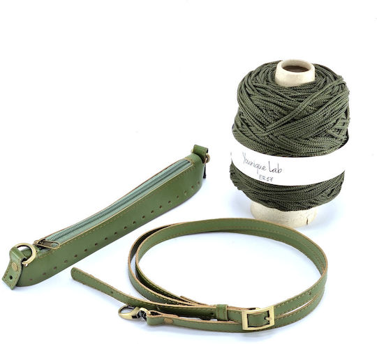 Knitted Bag Set Zipper 25 cm Crossbody Strap Green Yarn Bronze Metal Elements