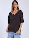Women's Blouse Cotton with V Neckline Black