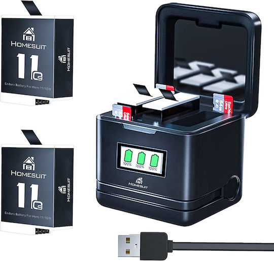 Set 2 Baterii 1800 Mah Încărcător cu 3 Canale Ecran LCD GoPro Hero 11 Black Hero 10 Black Hero 9 Black Homesuit Enduro