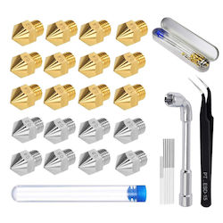 3d Printer Nozzle Set 20 Pieces 12 Brass Nozzles 8 Stainless Steel Mk8 Nozzles 0.2 Mm 0.4 Mm 0.6 Mm 0.8 Mm 1.0 Mm Cleaning Tools Anycubic Mega Creality Cr-10 Ender