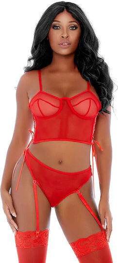 Red Women's Fishnet Sexy Lingerie Sets Bustier & Garters Forplay Ring Me Up Bustier Set 2pc Red