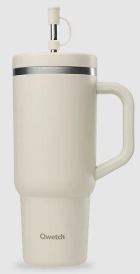Qwetch Ποτήρι Θερμός Ανοξείδωτο / Πλαστικό 900ml Qwetch Μπεζ με Καλαμάκι και Επιστόμιο