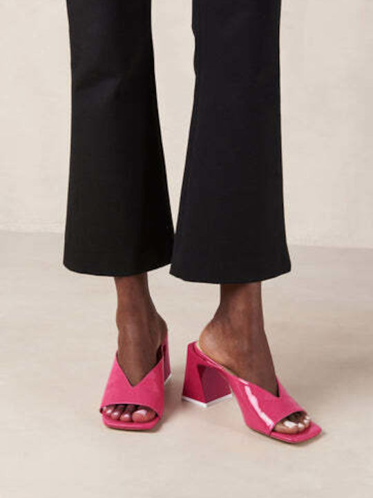 Leather Mules with Low Heel in Fuchsia Color