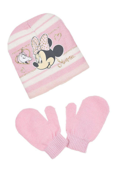 Minnie Σετ Παιδικό Σκουφάκι με Γάντια Πλεκτό Ροζ