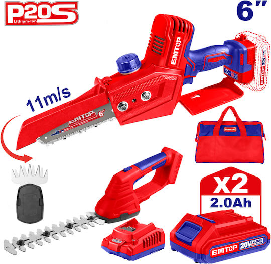Emtop EMTP524 Set Kettensäge & Heckenschere 20V mit 2 Batterien 2Ah und Hülle