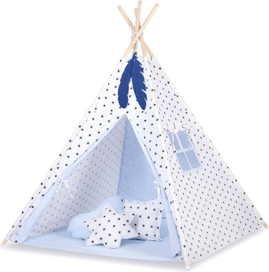 Tipi Zelt Für Kinder + Matte + Kissen + Federhängeschmuck Schwarz Sterne Blau