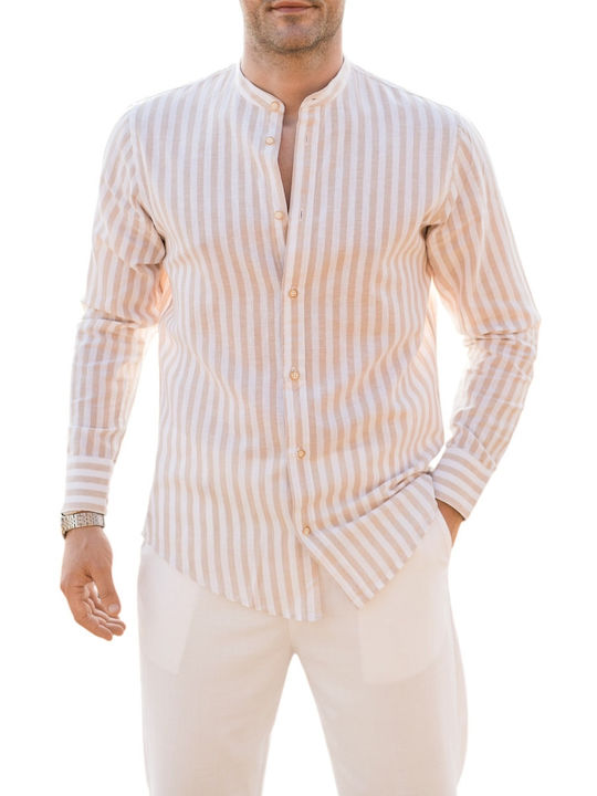 Long Sleeve Linen Striped Beige Shirt