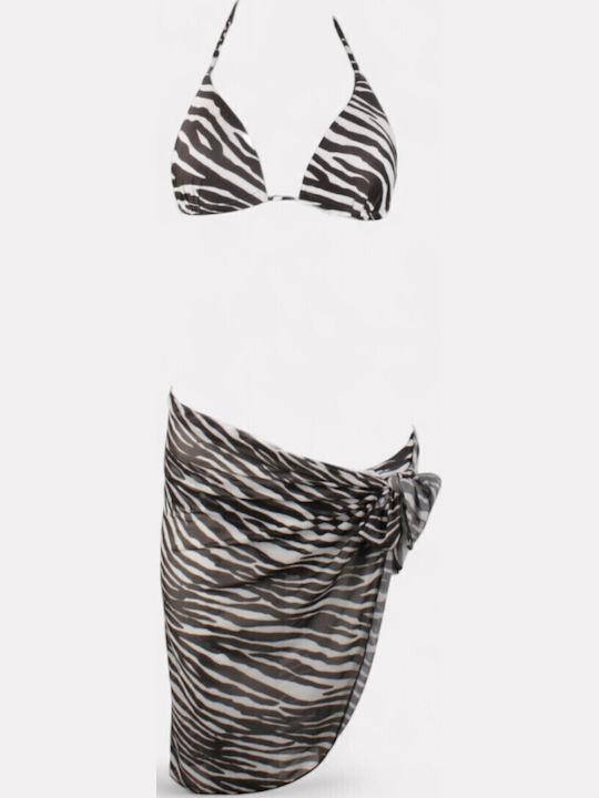 Set Bikini 3 Pieces Triangle with Removable Padding and Brazil Animal Print Black