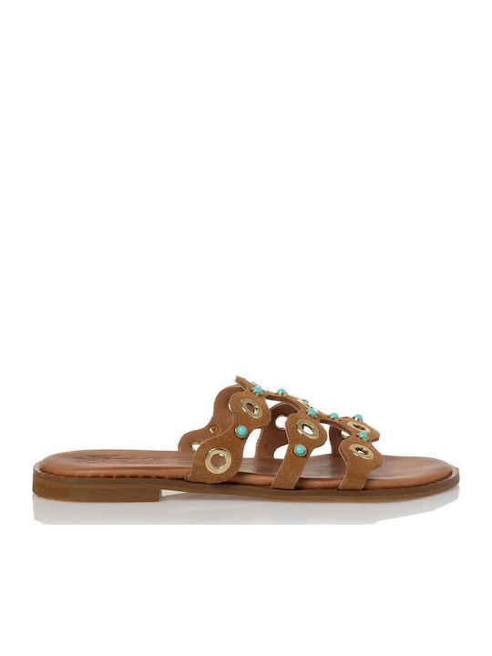 Leather Women's Flat Sandals in Tabac Brown Color