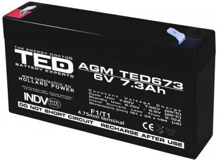 Baterie Agm Vrla 6V 7.3A Dimensiuni 151mm X 35mm X H 95mm F1 Ted Battery Expert Holland Ted002976 10