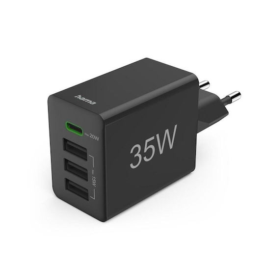 HAMA Charger Without Cable with 3 USB-A Ports and USB-C Port 35W Power Delivery / Quick Charge 3.0 Blacks (00201990)