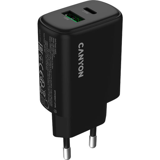 Canyon Φορτιστής με Ενσωματωμένο Καλώδιο με Θύρα USB-A και Θύρα USB-C 25W Power Delivery / Quick Charge 3.0 Μαύρος (OnCharge 250)