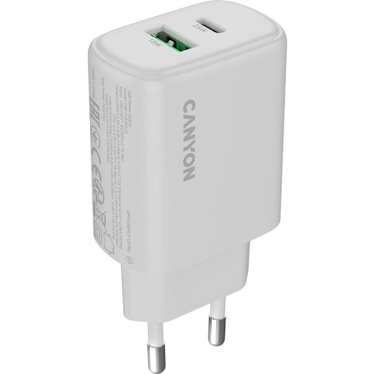 Canyon Ladegerät mit integriertem Kabel mit USB-A Anschluss und USB-C Anschluss 25W Stromlieferung / Schnellaufladung 3.0 Weißs (OnCharge 250)