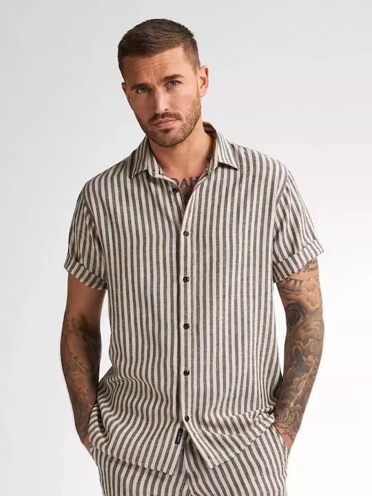 Short-sleeved Linen Shirt Striped Petrol