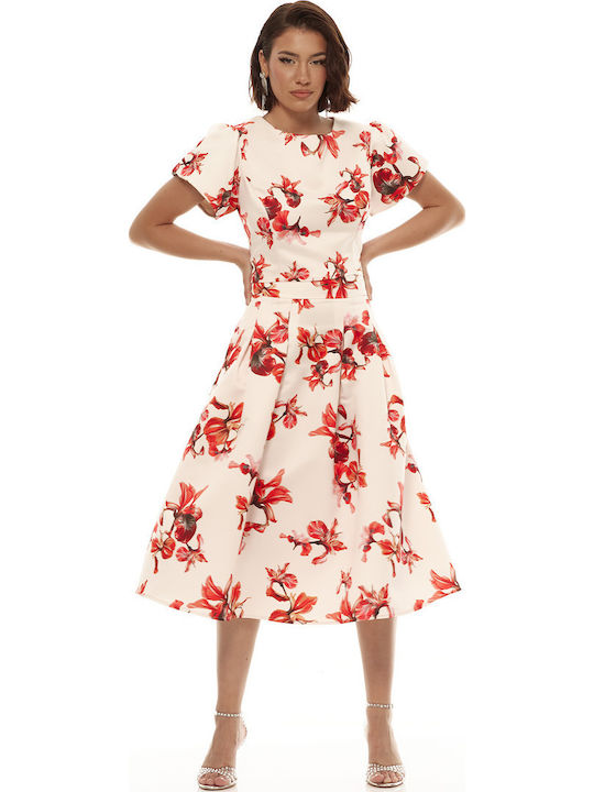 Set with High-waisted Midi Skirt Floral Red