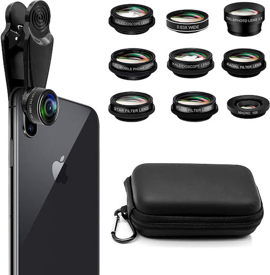 Kit 10 Obiective Cameră Set Lentile Telefon Tabletă Fish Eye Unghi Larg 0.63x Macro 15x Teleconvertoare Kaleidoscopic Flow Filtru CPL Stea Radială Clește Universal Husă Neagră