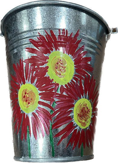 Decorative Metal Bucket Electrostatic White Height 17 Centimeters Base Φ10 Rim Φ15 "Red Daisy"