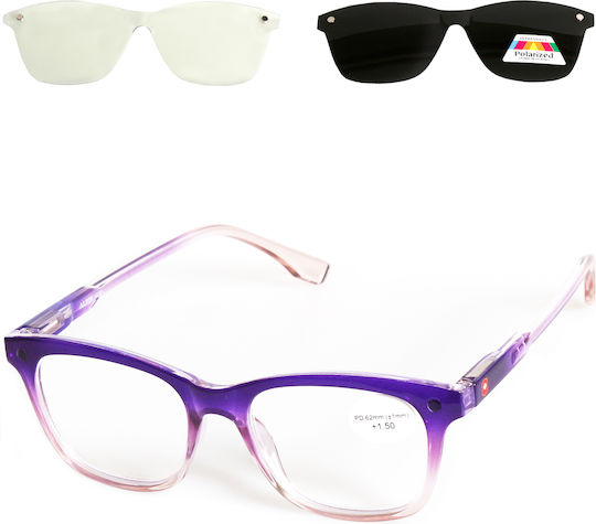 Alpin Clip On Women Reading Glasses +3.00 with Magnet in Purple Colour