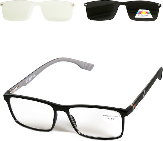 Alpin Clip On Men Reading Glasses +3.50 with Magnet in Black Color