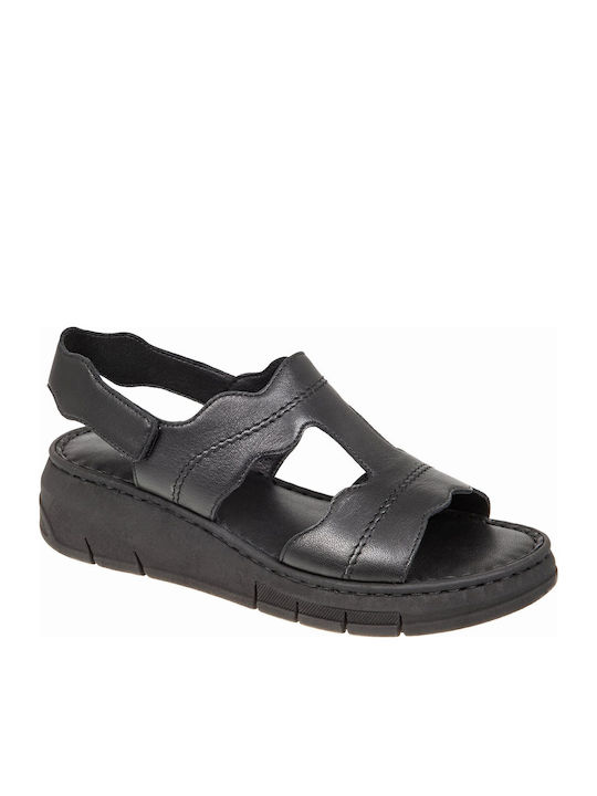 Leather Women's Flat Sandals in Black Color