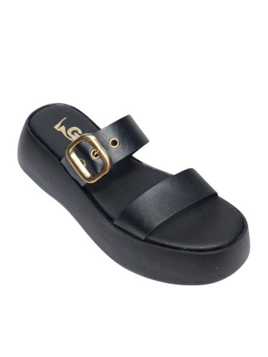 Leather Women's Flat Sandals in Black Color