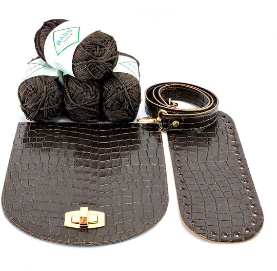 Knitted Bag Set Magnolia Brown Crocodile Leatherette D12 Gold Metal Elements