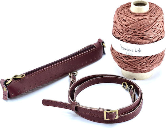 Knitted Bag Set Zipper 25 cm Crossbody Strap Yarn Burgundy Bronze Metal Elements