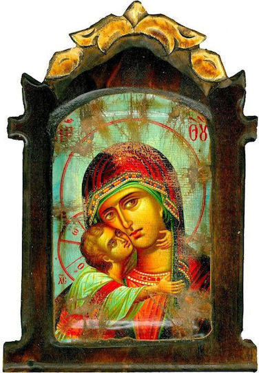 Wooden Icon Holy Mary Stuck Cloth of Iconography M56 28x19 Cm