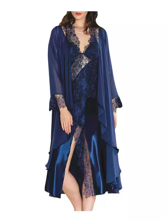 FMS Sommer Damen Bademantel mit Nachthemd Blau