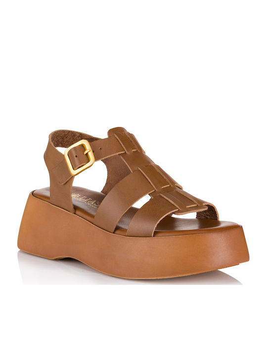 Δερμάτινα Γυναικεία Σανδάλια Flatforms Καφέ