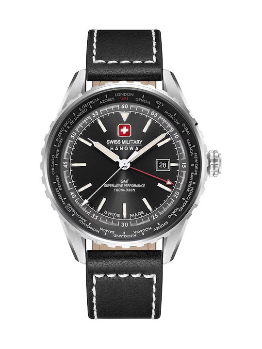 Swiss Military Hanowa Herrenuhr 42mm Batterie mit Schwarz Lederarmband