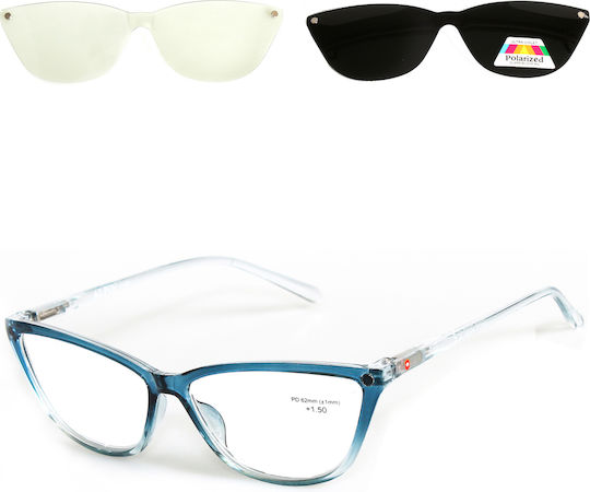 Alpin Clip On Damen Lesebrillen +4.00 mit Magnet in Blau