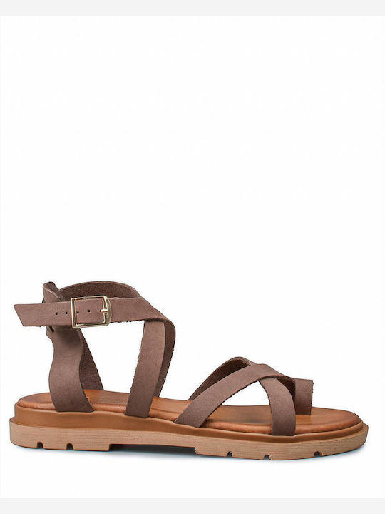 Leather Women's Flat Sandals in Brown Color