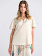 Women's Blouse Satin Short Sleeve with V Neckline Beige